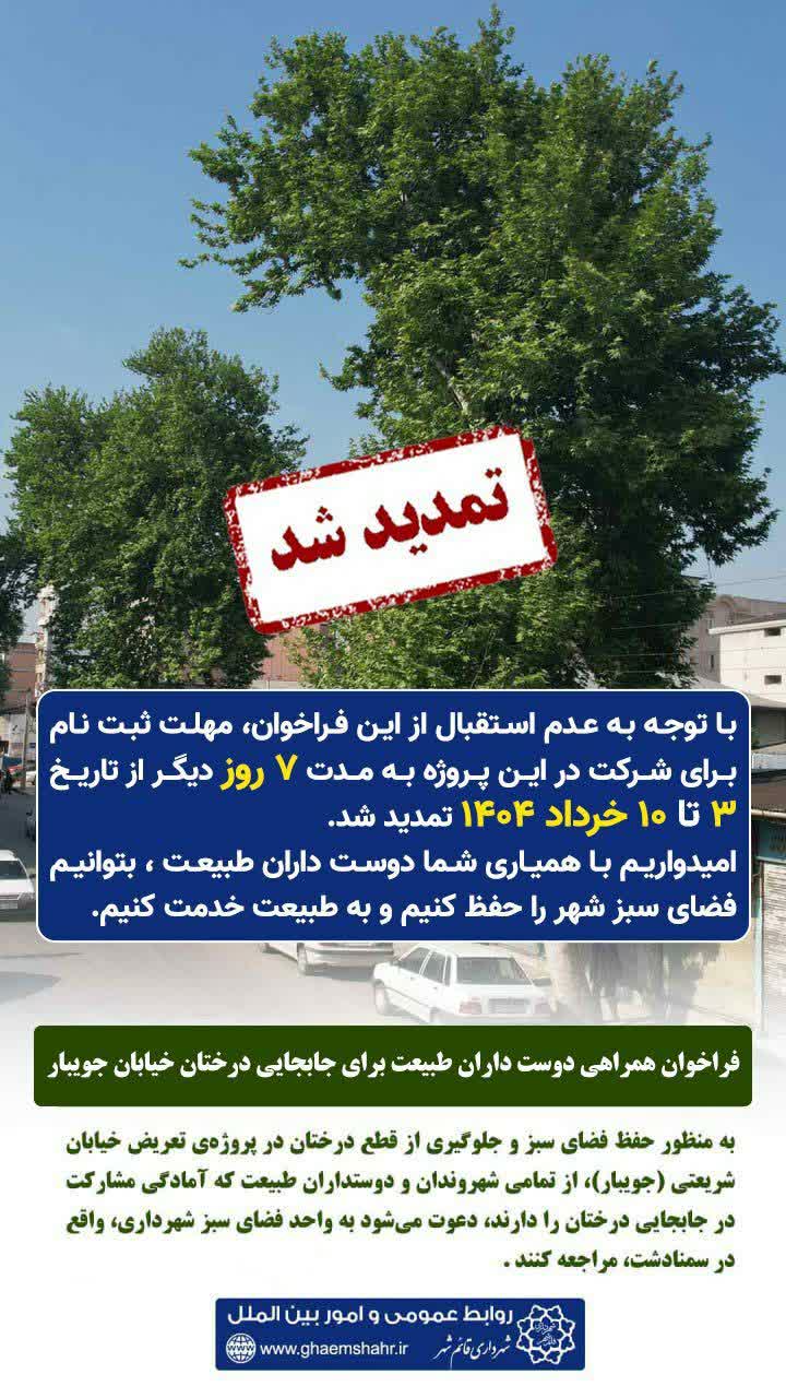 فراخوان همکاری برای جابجایی درختان خیابان جویبار تمدید شد